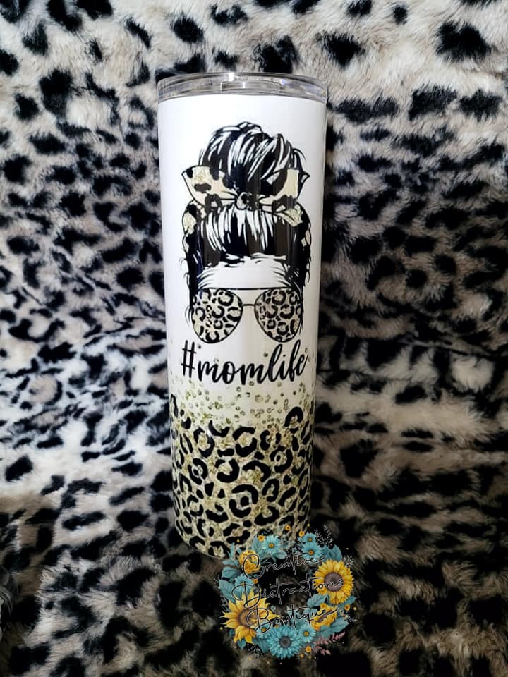 Leopard messy bun mom life  20 oz tumbler