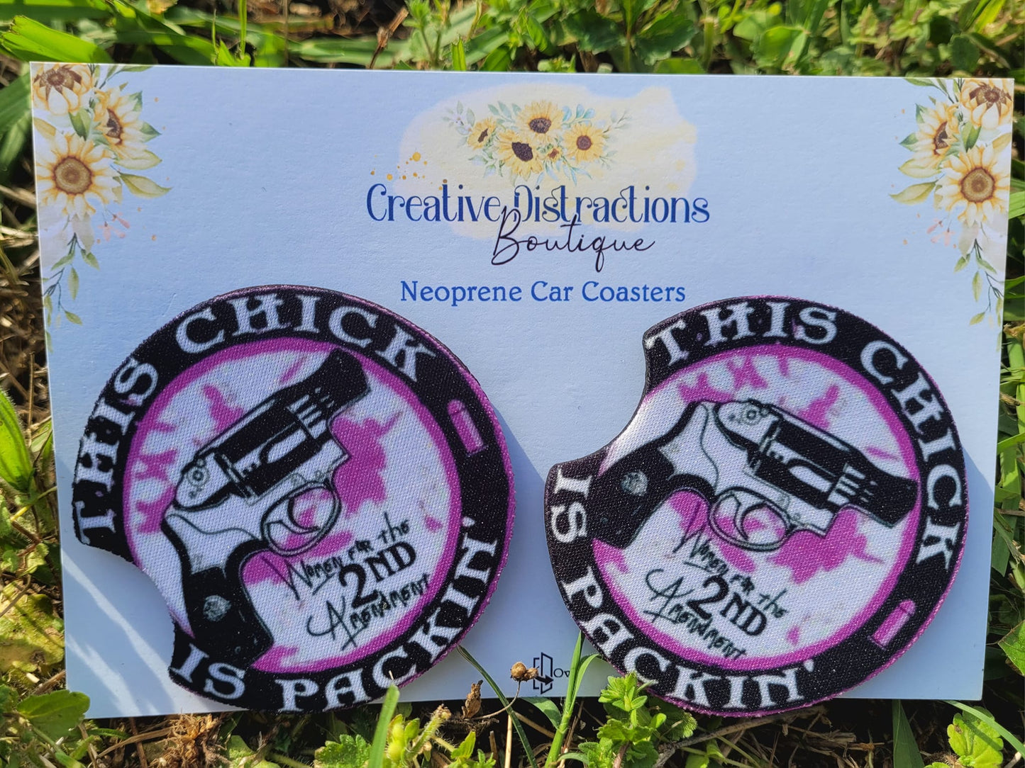 This chick is packin neoprene car coaster