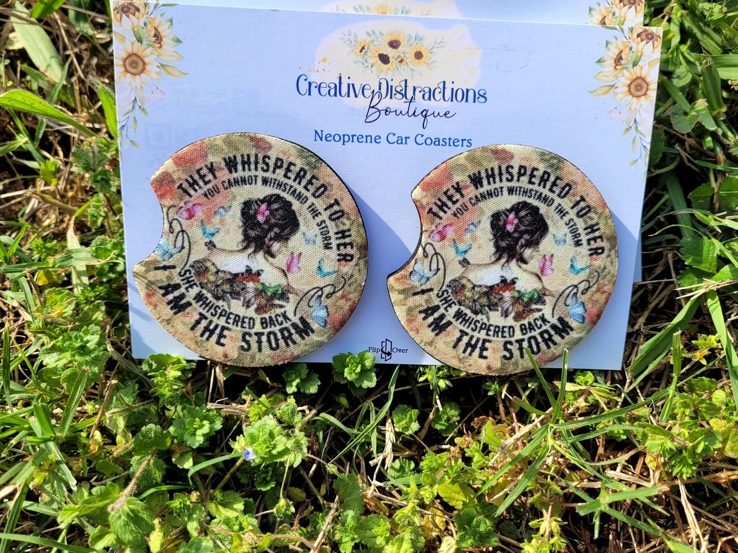 They whispered to her neoprene car coaster