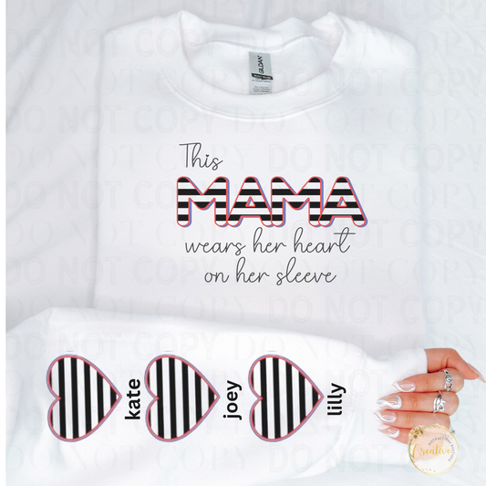 This mama wears her heart on her sleeve checkered heart crewneck